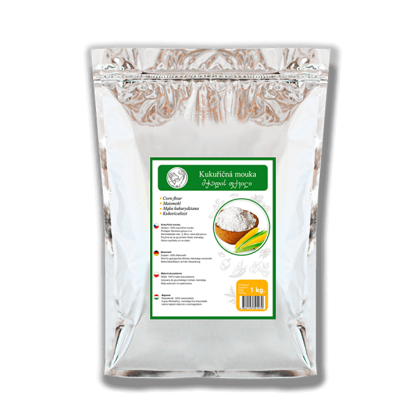 Gruzínská kukuřičná mouka 1 kg v praktickém balení, tradiční produkt z Gruzie pro vaření i pečení