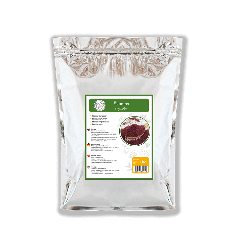Škumpa (sumach) - 1 kg. Sumah je gruzínské koření, které je ideální do salátových dresinků či kebabových marinád. Gruzínský sumach v prášku 1 kg z Gruzie, tradiční koření pro autentickou gruzínskou kuchyni
