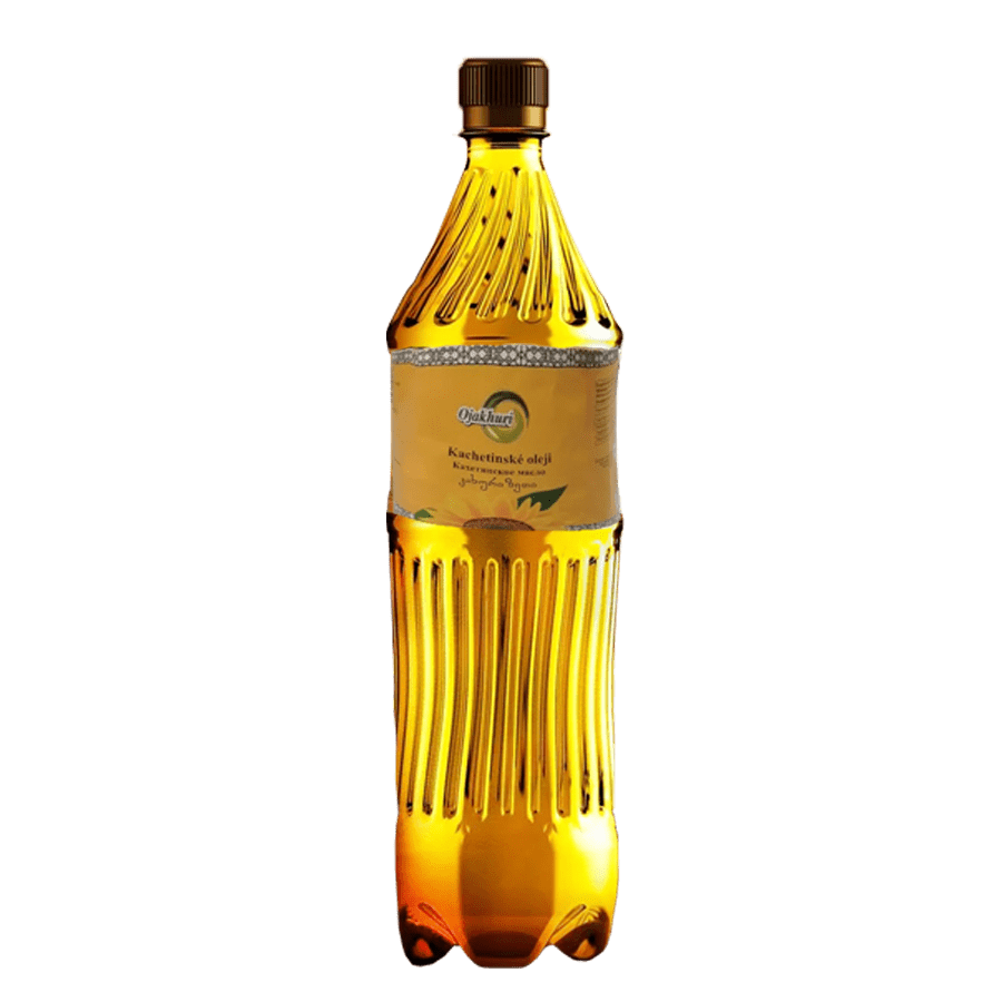 Kachetinský nefiltrovaný slunečnicový olej - 900 ml. Kachetinský nefiltrovaný slunečnicový olej je vynikající za studena lisovaný olej pocházející z gruzínské oblasti Kachetie. Tento vysoce kvalitní olej se vyznačuje jemnou oříškovou chutí a bohatou zlatavou barvou. Je ideální pro dochucení salátů, marinád, pečiva a různých studených pokrmů. Díky svému vysokému obsahu antioxidantů a zdravých tuků je nejen chutný, ale i prospěšný pro vaše zdraví. Kachetinský olej přináší přírodní a autentickou chuť Gruzie do vaší kuchyně. Gruzínský kuchetinský olej v plastové láhvi pro tradiční vaření a kuchyni z Gruzie