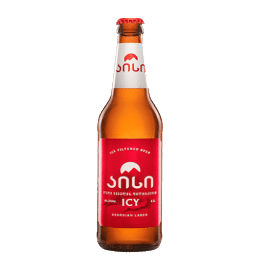 Pivo ICY 11°- 5% alk - 0,45 l Pivo ICY je filtrovaný ledem gruzínský ležák vyrobený z vody, ječného sladu a chmele. Tato unikátní metoda filtrace přes led zachováva jeho chuť. Gruzínské pivo Icy v láhvi s červenou etiketou, tradiční gruzínský ležák z Gruzie