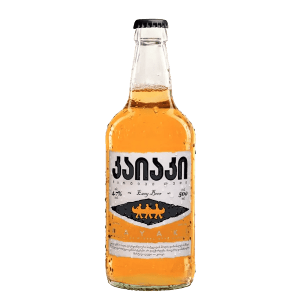 Gruzínské pivo Kayaqi s obsahem alkoholu 4,7 %, 500 ml lahve z Gruzie pro milovníky místních nápojů