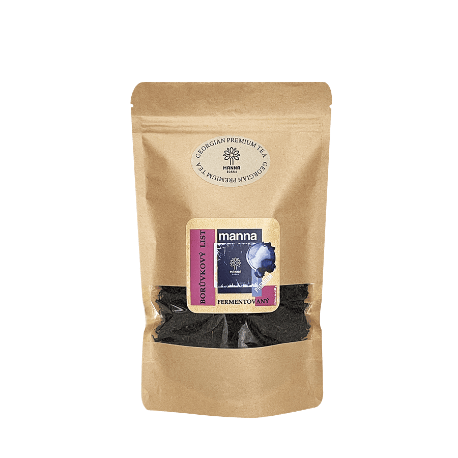 Manna borůvkový list sypaný - 100g. Gruzínský nápoj z čistě fermentovaného borůvkového listu má jedinečné, příjemně trpké aroma. Pro jeho výrobu jsou používány výlučně listy volně rostoucího borůvčí z čisté přírody, které procházejí specifickým technologickým cyklem fermentace. Tento „čaj“ reguluje hladinu cukru u lidí se sklonem k cukrovce díky obsahu „rostlinného inzulínu“, což ho činí ideálním pro diabetiky. Gruzínský fermentovaný borůvkový list Manna v přírodním balení pro čaj z Gruzie s prémiovou kvalitou
