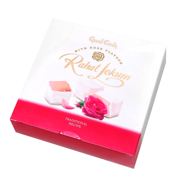 Gruzínský Rahat Lokum s růžovou příchutí v elegantním balení tradičního sladkého produktu z Gruzie