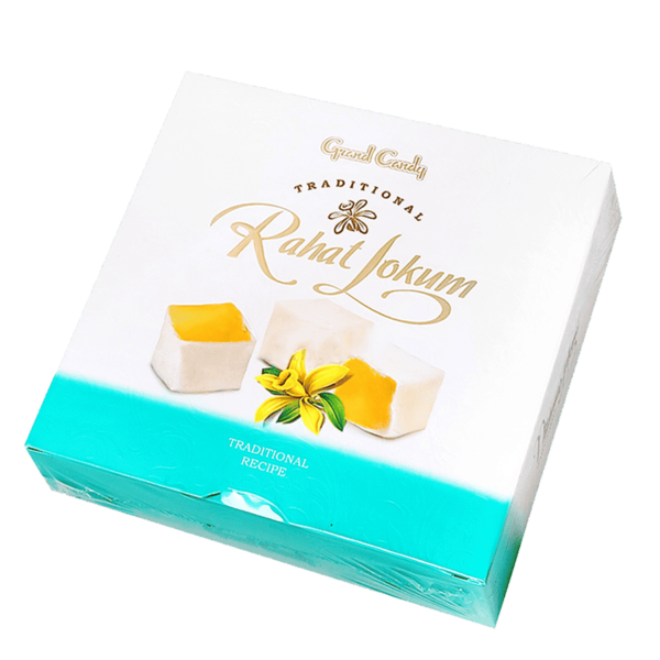 Gruzínský tradiční sladký produkt Rahat Lokum s vanilkovou příchutí v elegantním balení z Gruzie