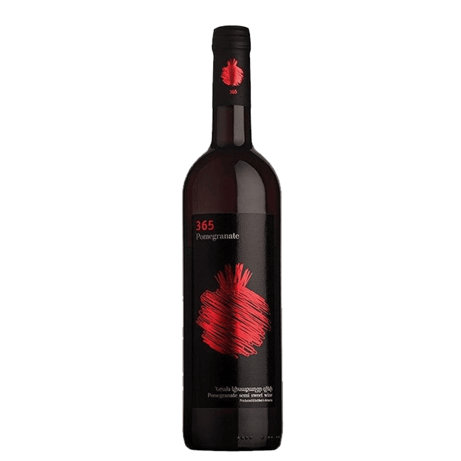 365 Wines GRANATOVÉ VÍNO červené polosladké - 0,75 l Granátové víno – výjimečné víno z granátových jablek z oblasti Meghri, Arménie. Sytě červenohnědá barva, lahodná ovocná chuť s jemnou tříslovinou a dotekem lesního ovoce a čokolády. Skvěle doplní sýry, maso i dezerty. Gruzínský granátový 365 polosladký nápoj z Gruzie v tmavé lahvi s červeným motivem granátu